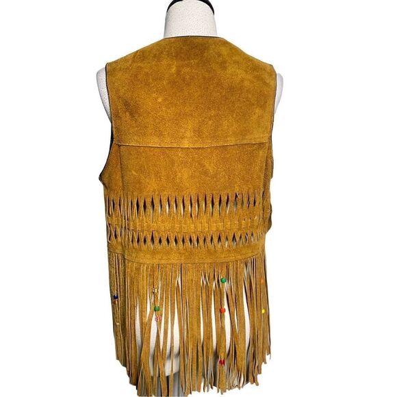 Vintage Hand Sewn 70's Hippie Suede Leather Fringed Beaded Vest Unisex Medium - Picture 3 of 6